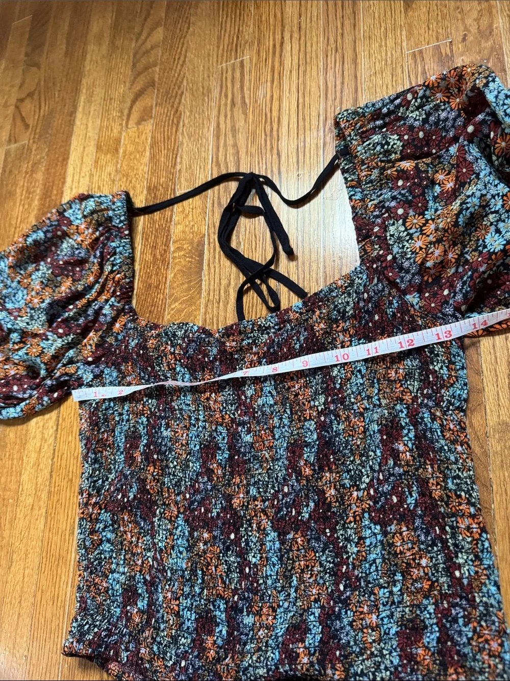 Free People Black & Teal Floral Smocked Puff-Sleeve Top Small
